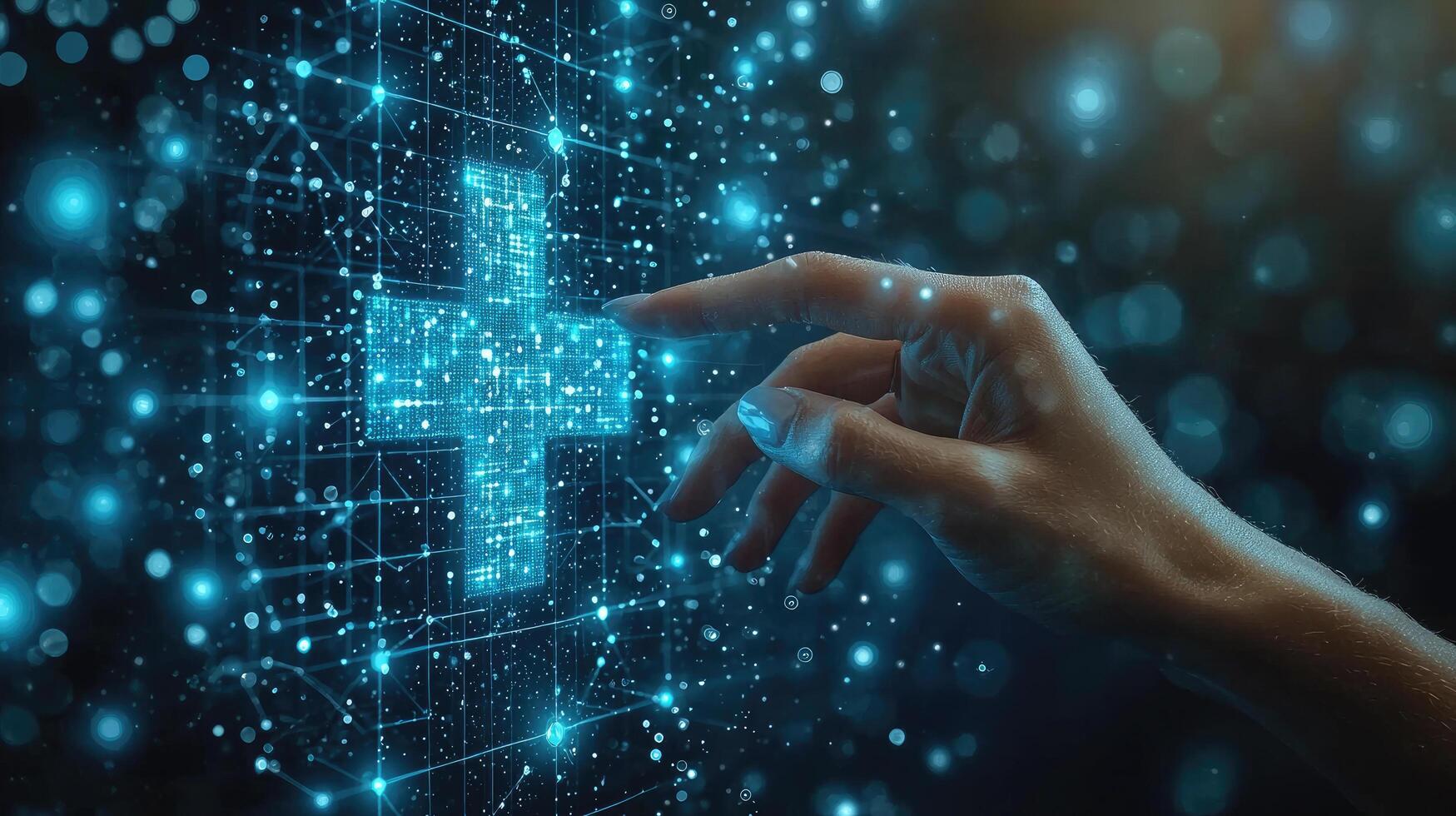 Futuristic Medical Technology Interface Hand Touching Blue Digital Plus Sign with Connected Network for Healthcare Innovation photo