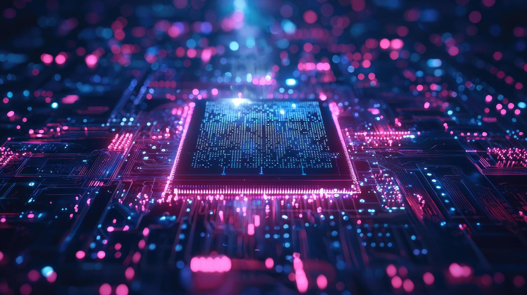 Futuristic Microchip Processor with Glowing Circuits, Data Flow, Artificial Intelligence, and Quantum Computing Concept photo