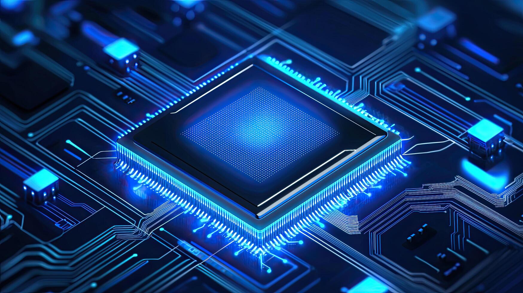 Futuristic Microchip Technology HighTech Circuit Board with Glowing Blue Light, Semiconductor Innovation for Artificial Intelligence and Computing. photo