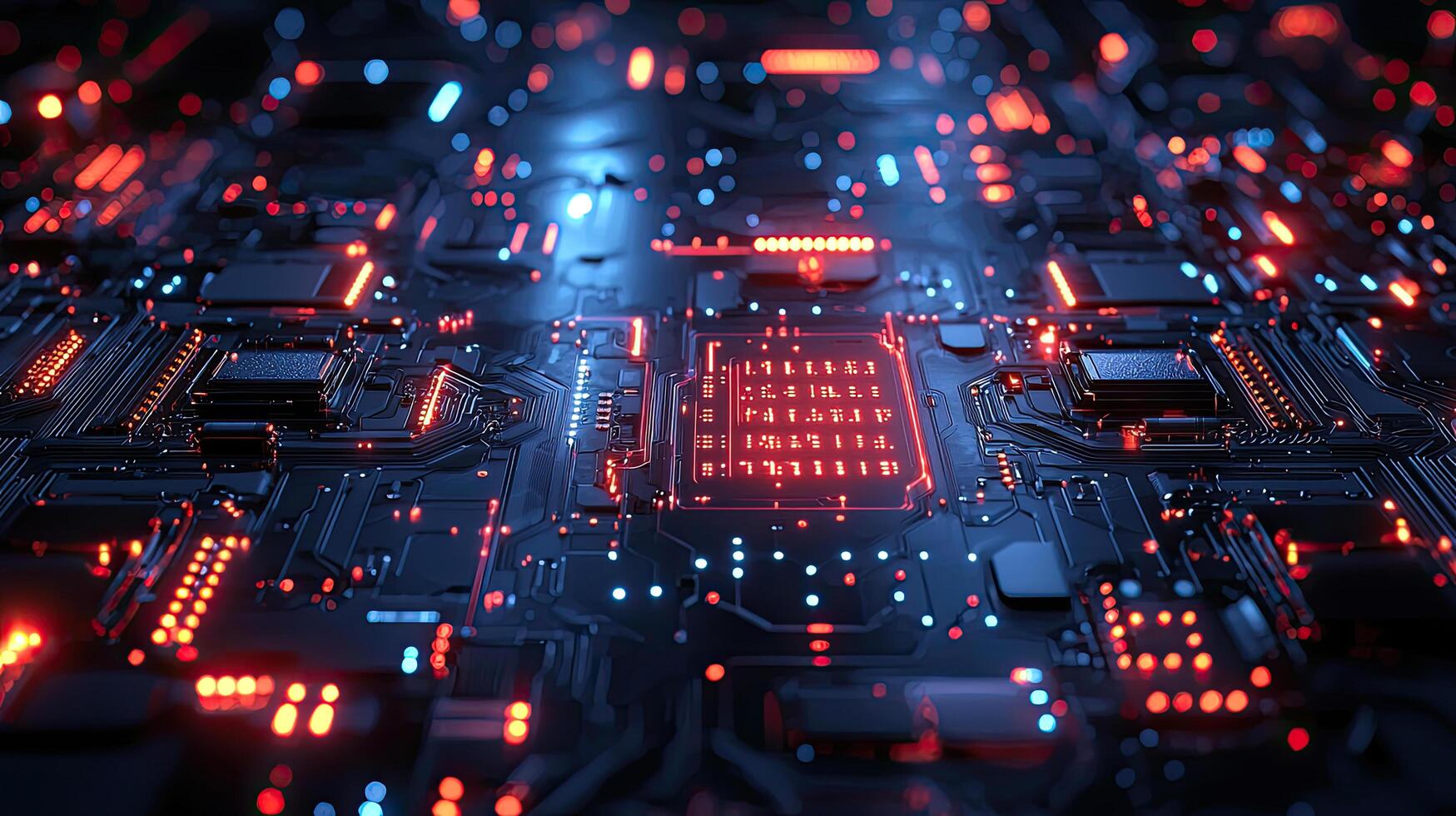 Futuristic Motherboard Circuit Board Design with Glowing Red and Blue Lights High Tech Abstract Background photo