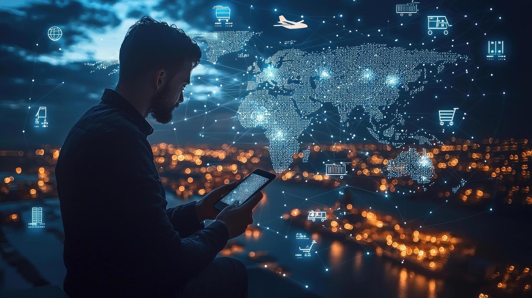 Global Logistics Network Man with Tablet Connecting to Worldwide Supply Chain and Ecommerce, Digitalization, Connectivity photo