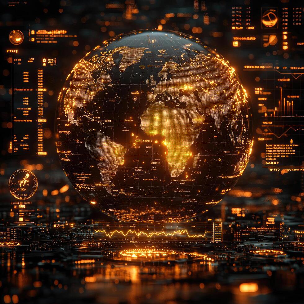 Global Tech Network Golden World Globe with Data and Information Overlays, Digital Connections, and HighTech Visualizations photo