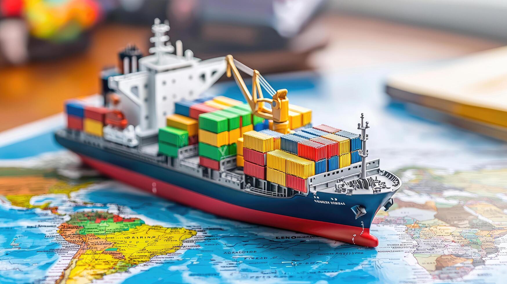 Global Trade Cargo Ship Model with Colorful Shipping Containers on a World Map Backdrop photo
