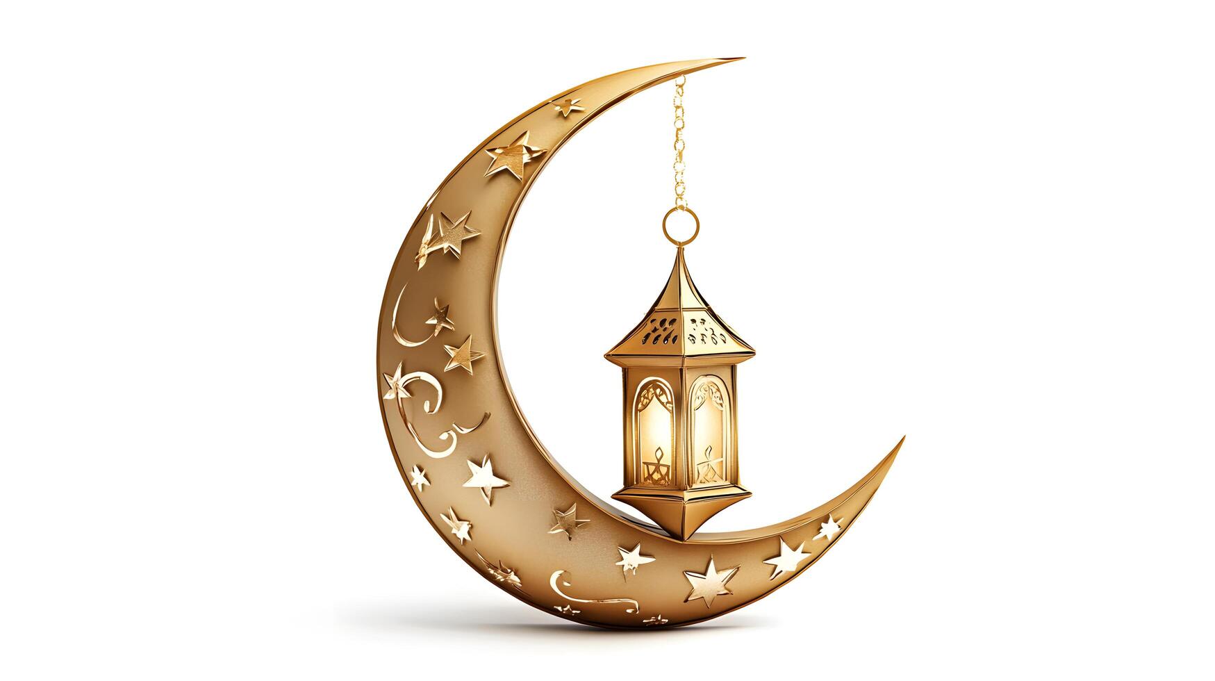 Golden Crescent Moon and Ramadan Lantern Islamic Holiday Celebration Symbol on White Background, Muslim Festive Decoration photo