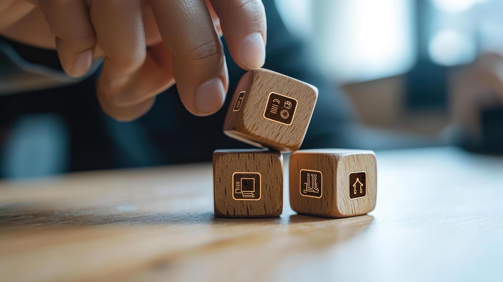 Hand Placing Wooden Cube with Smart Home Icons Technology, Automation, Connectivity, and Innovation Concept photo
