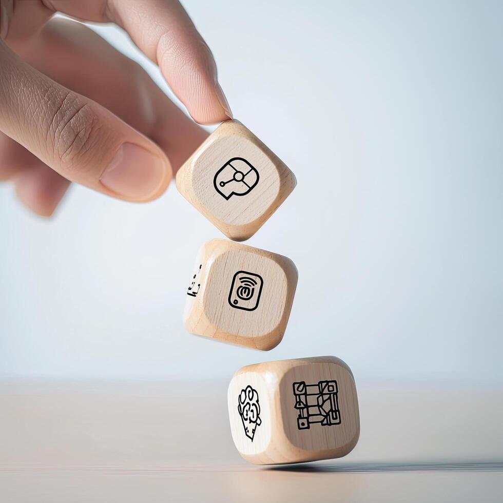 Hand Stacking Wooden Dice Featuring Artificial Intelligence and Network Technology Concepts on a Soft White Gradient. photo