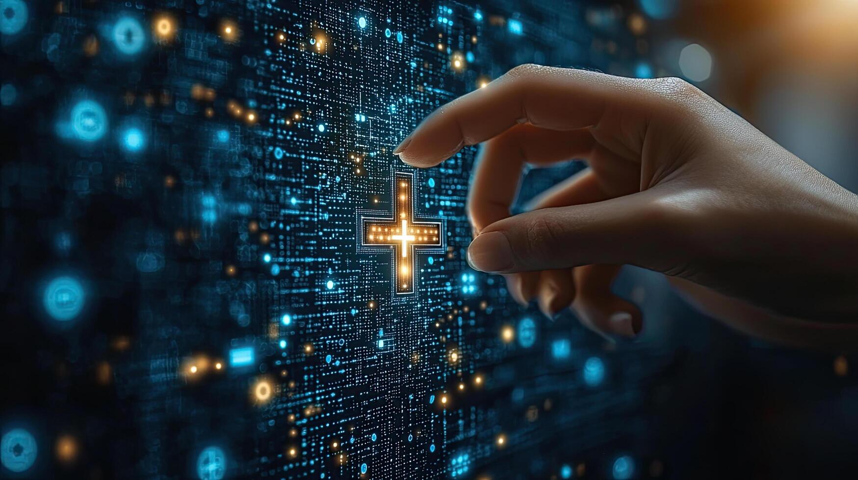 Hand Touching Glowing Plus Sign on Digital Circuit Board Background, Healthcare Technology Concept. photo