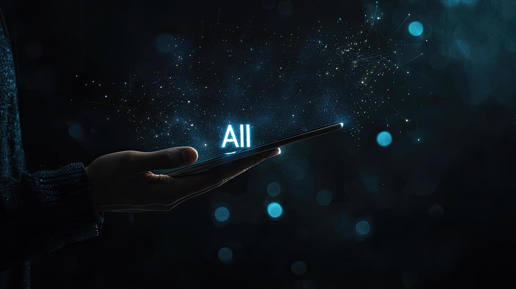 Human Hand Holding Phone Displaying Artificial Intelligence Network with Glowing Connections, Dark Background photo