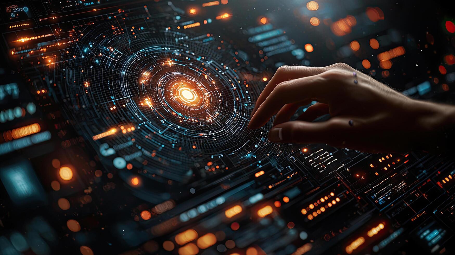 Human Hand Interacting with Futuristic Technology Interface, Data Processing and Digital Connections, Abstract Background. photo