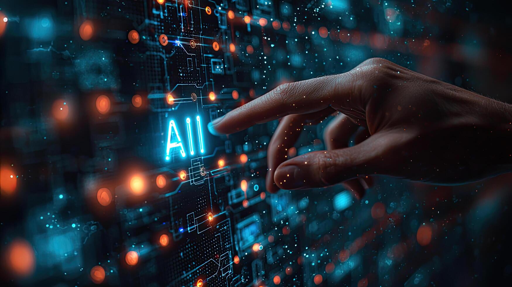 Human Hand Interacting With Glowing AI Interface on Futuristic Circuit Board, High Tech and Connectivity Concept photo