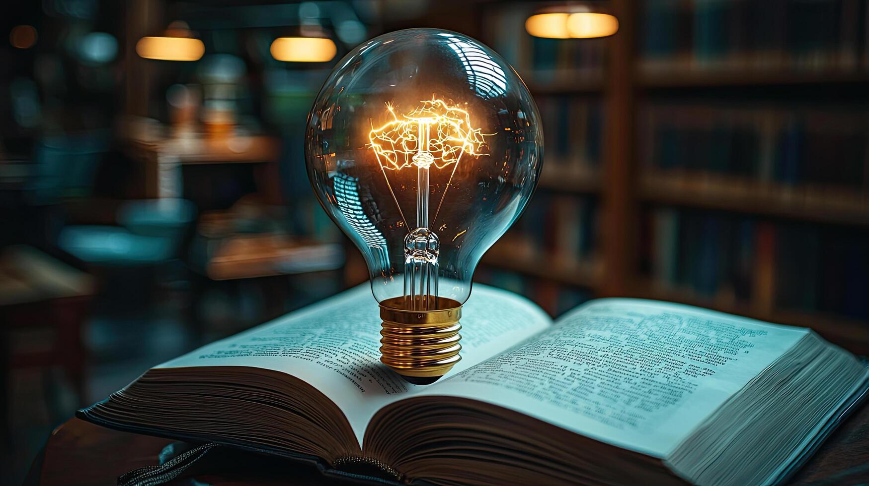Idea Bulb Lighting Up An Open Book in a Cozy Library Setting, Promoting Knowledge and Learning photo