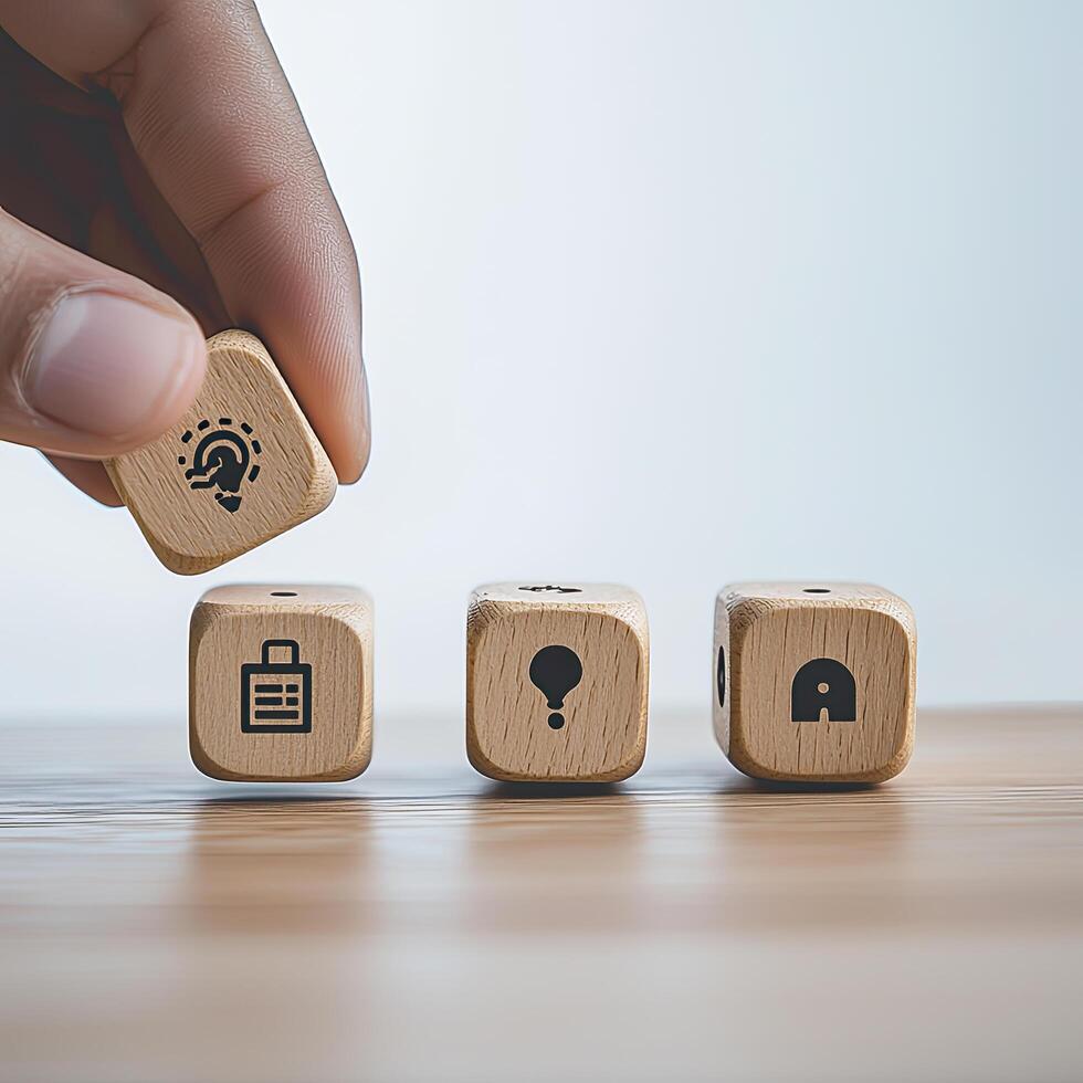 Idea Generation Process with Wooden Blocks Problem Solving, Strategy, Solution, and Innovation Concept photo