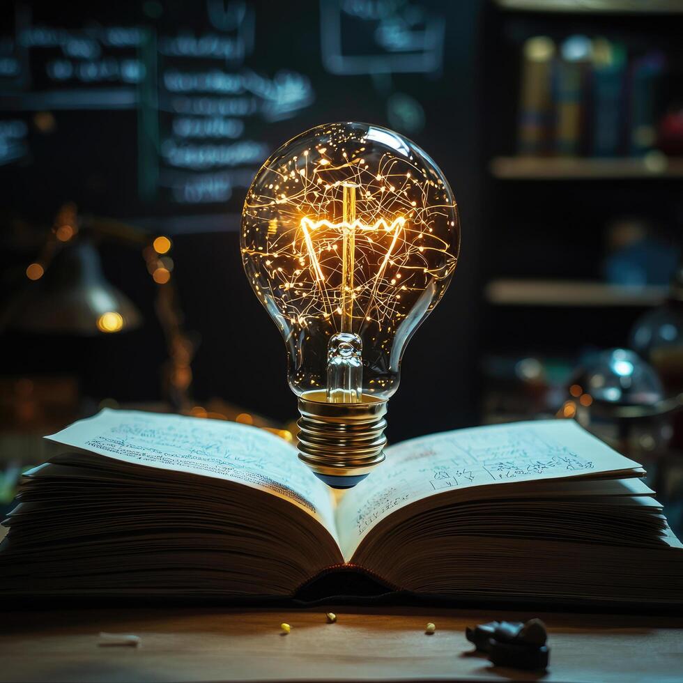 Idea Generation Light Bulb Illuminating an Open Book with Hand Written Notes in a Dark Study photo
