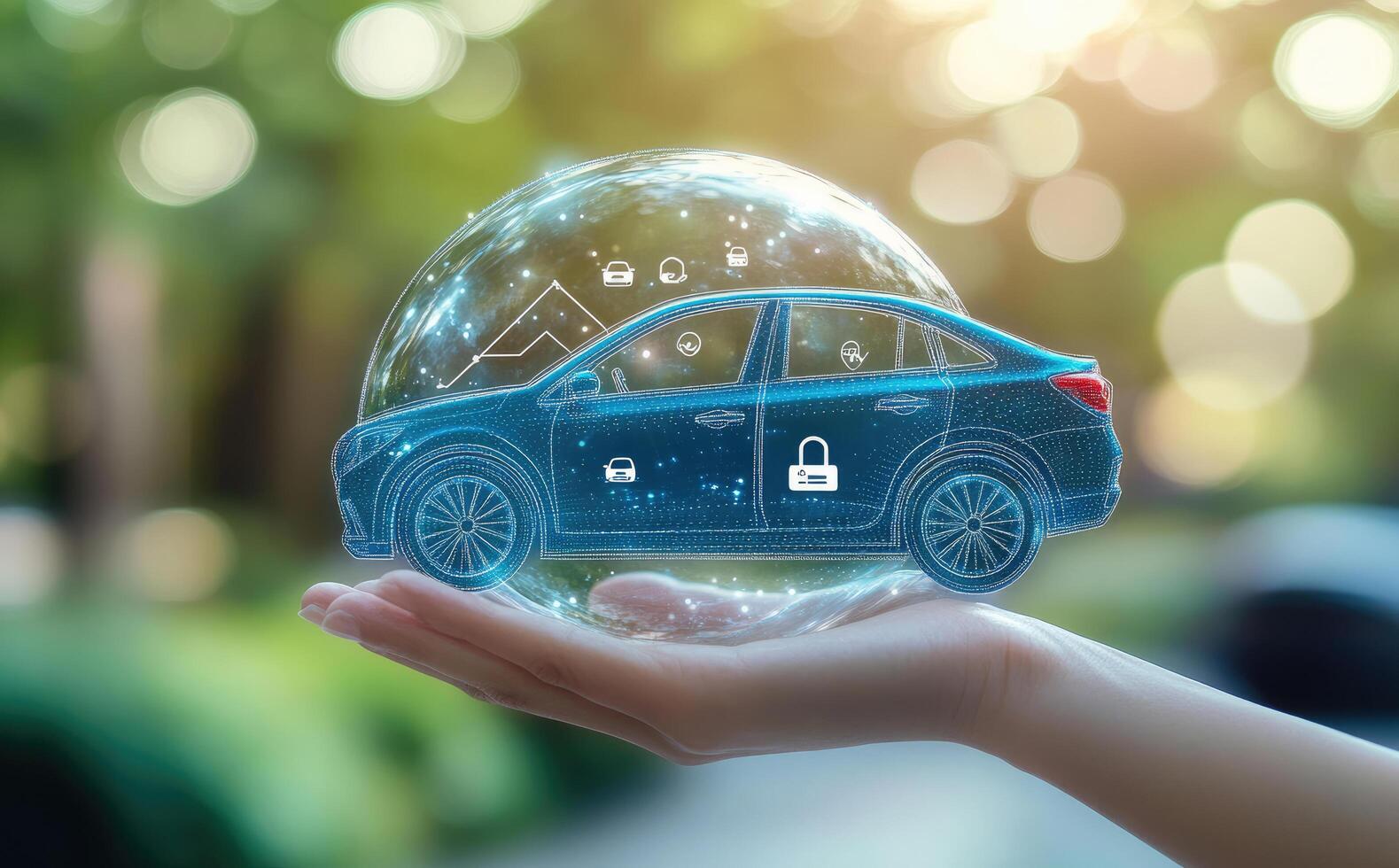 Innovative Car Security with Digital Protection Concept Hand Holding Vehicle Surrounded by Data Network photo