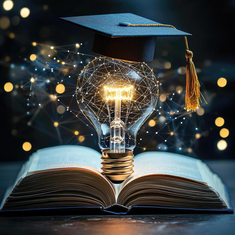 Innovative Education Glowing Light Bulb Above Open Book with Graduation Cap and Network, Academic Concept photo