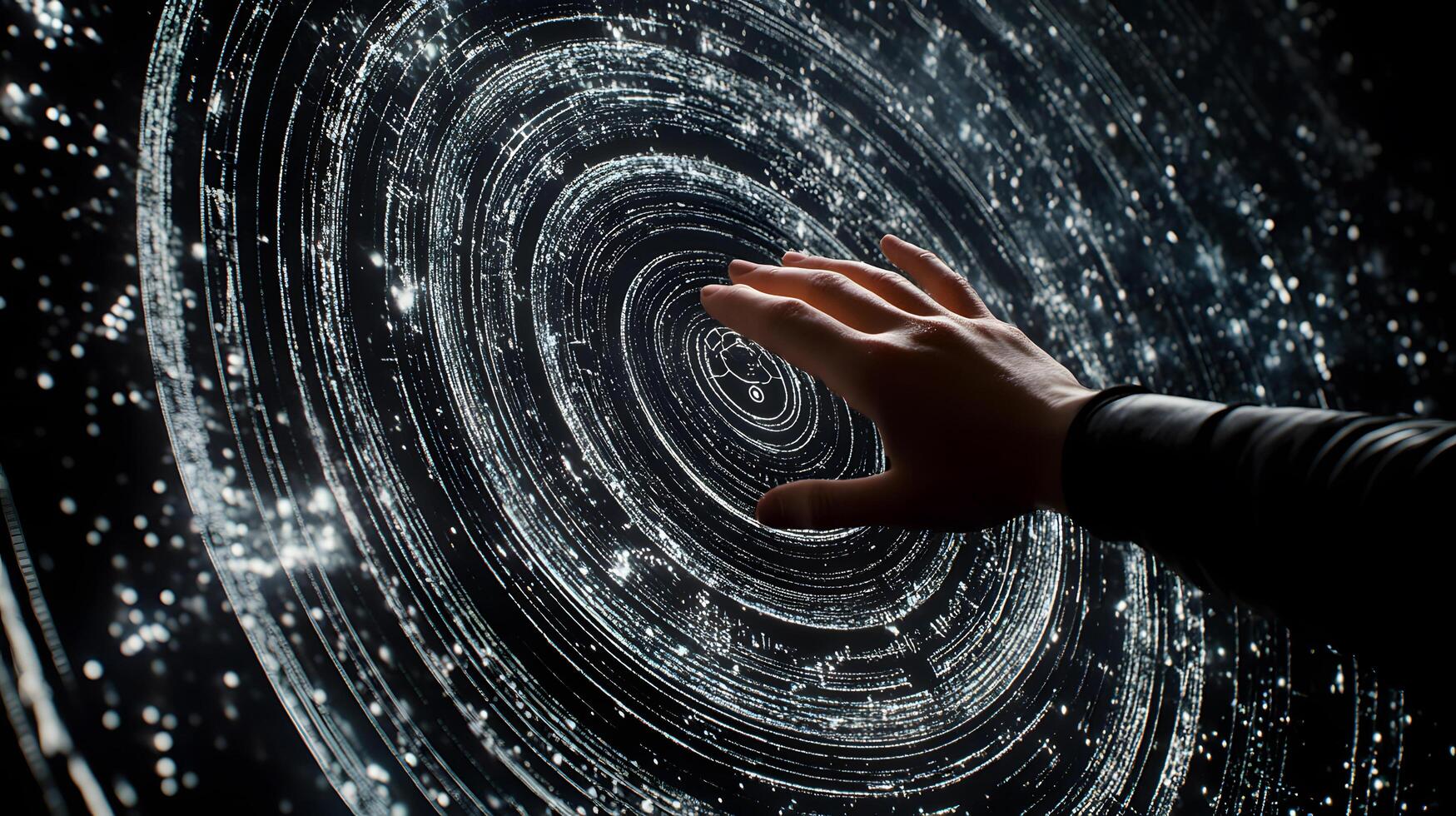Interacting with a Celestial Display Hand Touching Digital Solar System Projection with Cosmic Light Trails photo