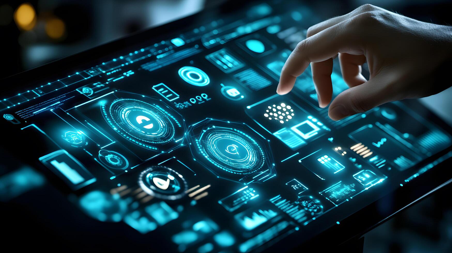 Interactive Digital Interface Closeup of Finger Touching Futuristic Touchscreen Display with Glowing Data and Icons photo