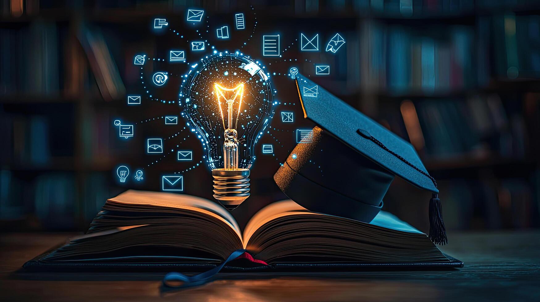 Knowledge Power Glowing Bulb, Graduation Cap, and Open Book Symbolizing Education and Success on Dark Wood Background photo