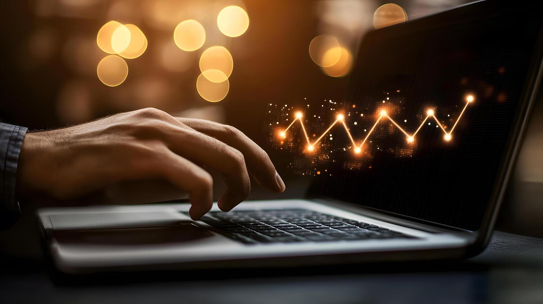 Laptop Chart Analysis Man's Hand Typing on Laptop with Glowing Financial Growth Chart Displayed On Screen photo