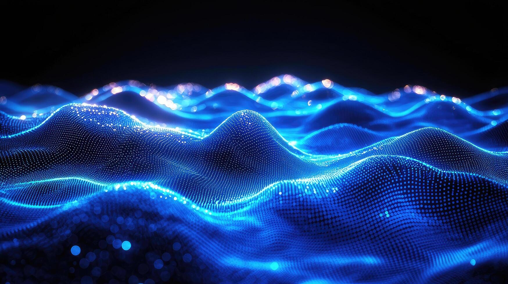 Abstract Blue Digital Particle Waveform Landscape on Dark Background for Technology and Science Concepts photo