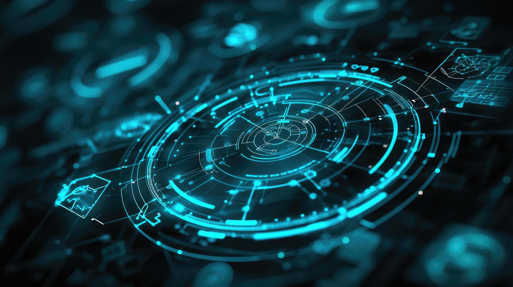 Abstract Cyan Technology HUD Background Displaying Data Visualization, Networks, and Cybernetic Elements with Blurry Depth of Field photo
