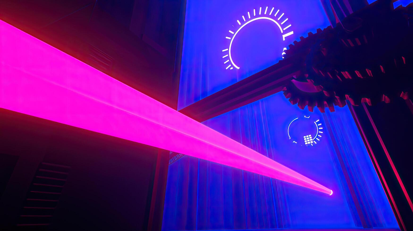Abstract Cyberpunk with Gears, Neon Laser Beam, UI Elements, and Deep Blue Futuristic Backdrop photo