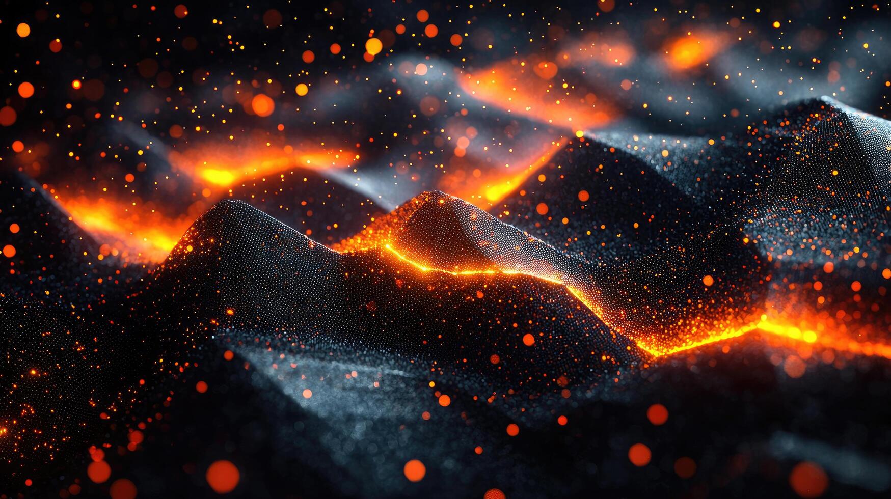 Abstract Dark Wavy Surface with Orange Glowing Particles, Technology Background, Modern Design, Futuristic Landscape. photo