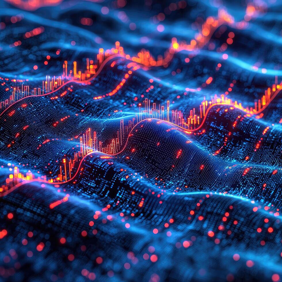 Abstract Financial Chart with Candle Stick and Line Graph in Red and Blue Color Scheme Background. photo
