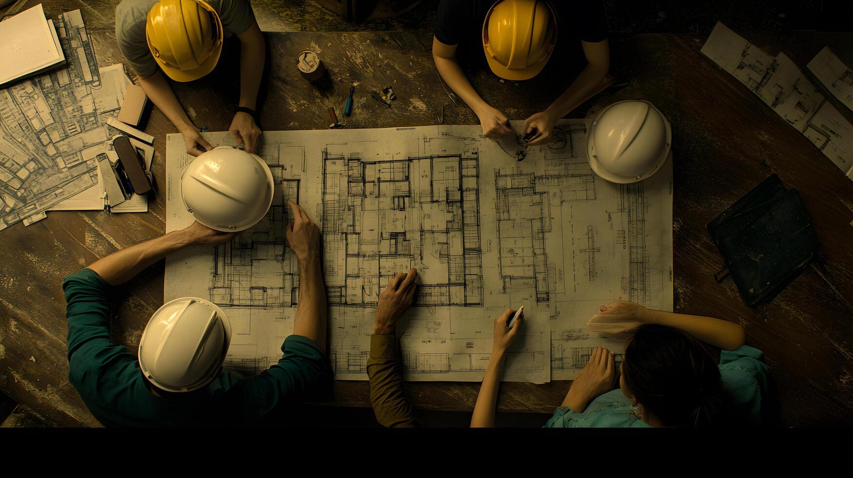 Architectural Engineers Reviewing Blueprint Plans at a Table with Hard Hats in a Dark Setting photo