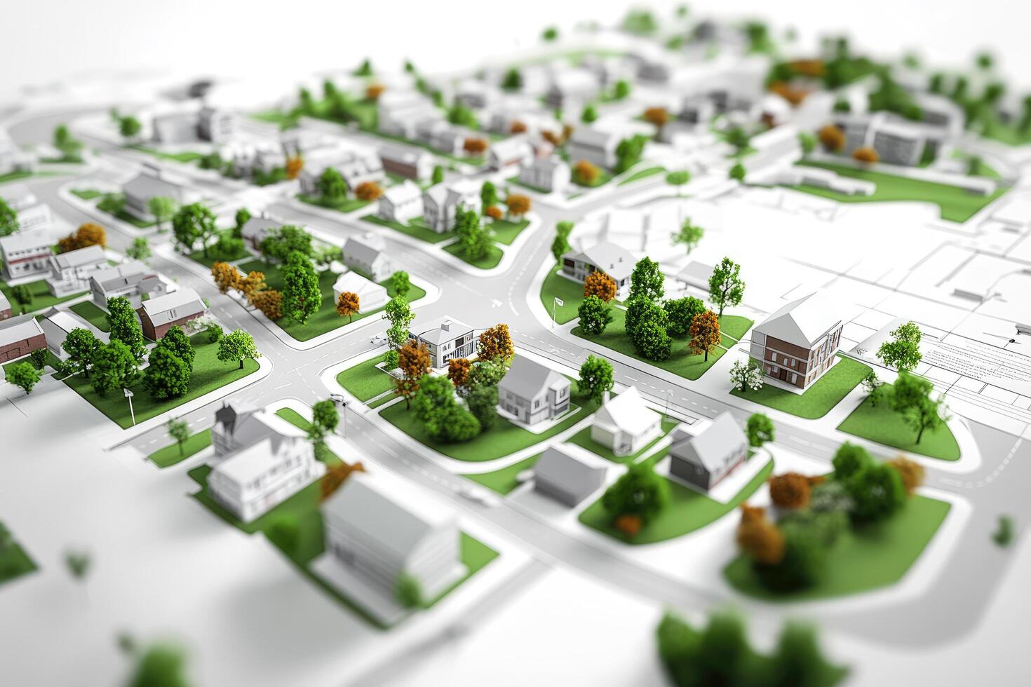 Architectural Model of a Suburban Neighborhood with White Background, Miniature Houses, Green Spaces, and Roads for Urban Planning photo
