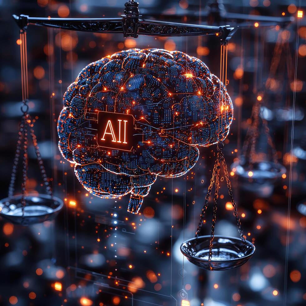 Artificial Intelligence AI Ethics Concept Digital Brain on Scales of Justice, Technology and Law Balance photo