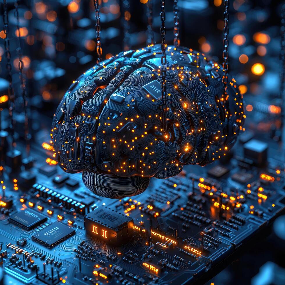 Artificial Intelligence Brain Circuit Board Suspended by Chains Neural Network Technology, Futuristic Computing and Data Processing photo