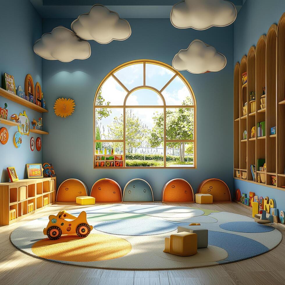 Bright and Cheerful Children's Room with Toys, Cozy Reading Nook, Playful Furniture, and Large Sunny Window. photo