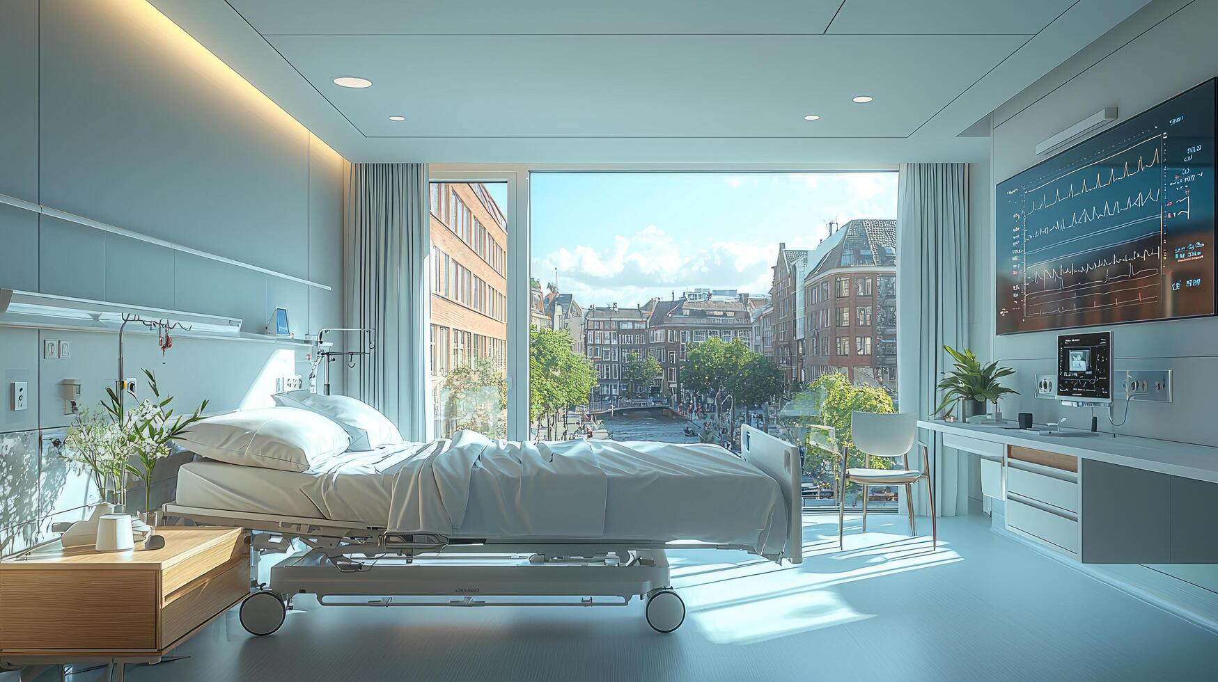 Bright Hospital Room with Canal View in Amsterdam Healing Environment, Modern Design, and Advanced Medical Technology photo