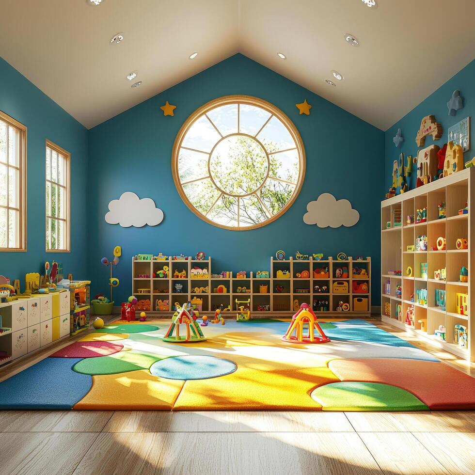 Brightly Lit and Colorful Kindergarten Classroom Interior with Toys, Shelves, Circular Window and a Soft Play Area photo