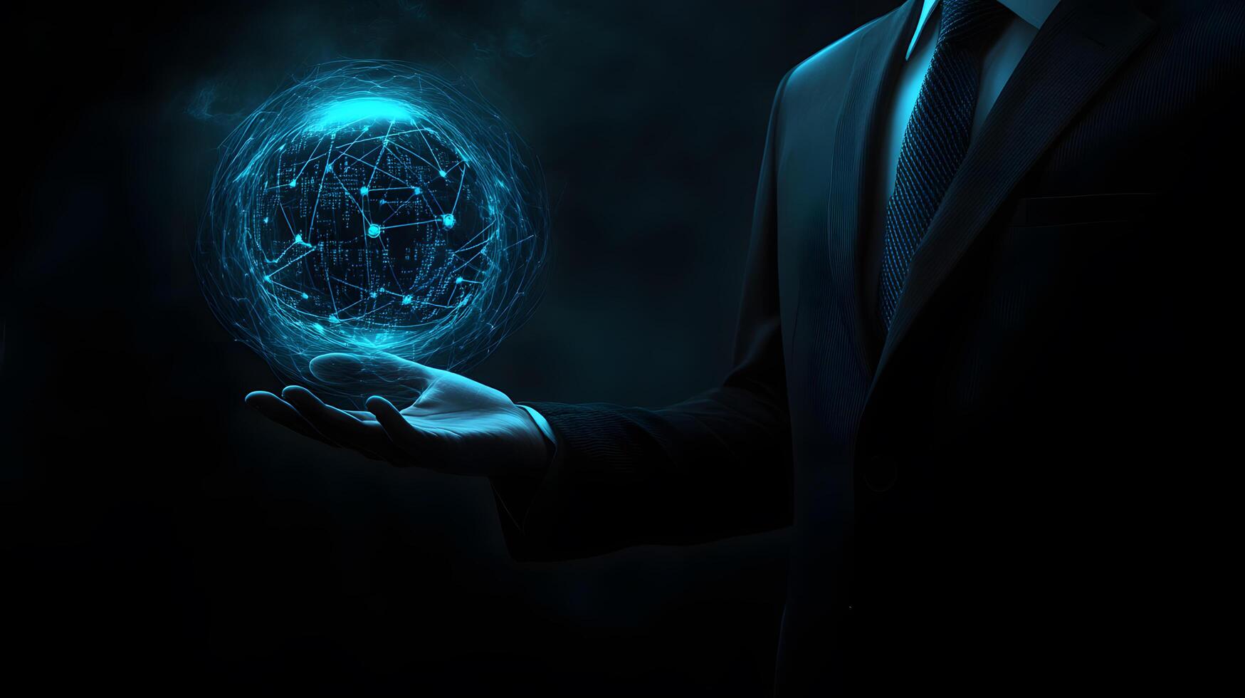 Businessman Holding Digital Global Network in Hand Futuristic Technology, Data Connection, and Business Innovation Concept photo