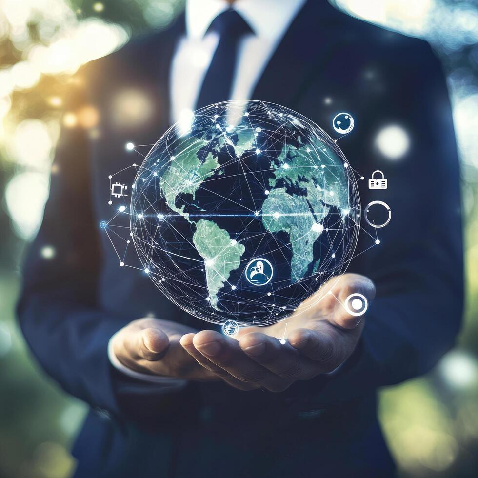 Businessman Holding Global Network International Business, Data, Communication, Social Media, and Connection Technology Concept photo