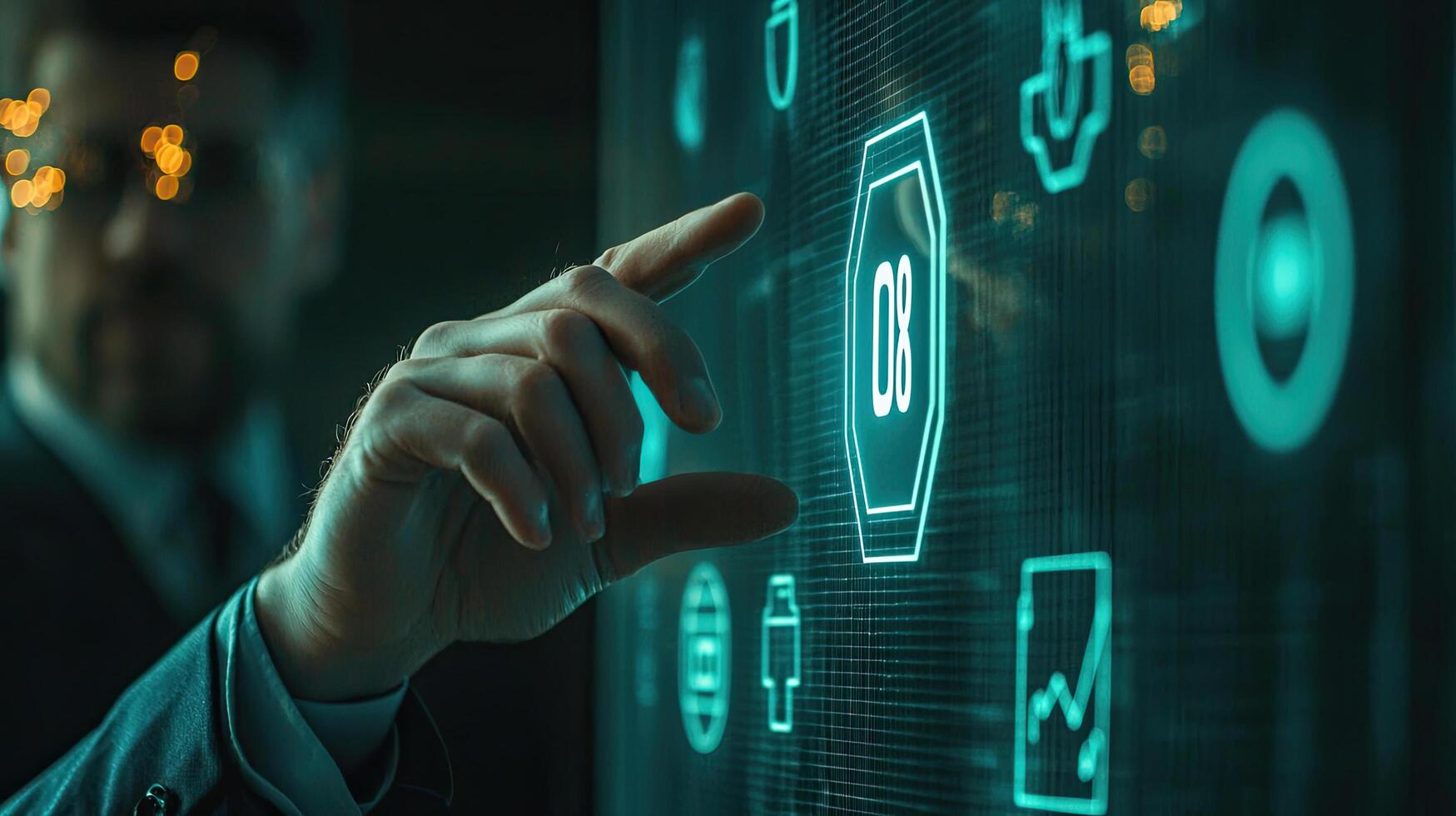 Businessman Interacting with Futuristic Interface Displaying Icons, Data Visualization, and Business Analytics for Modern Technology photo