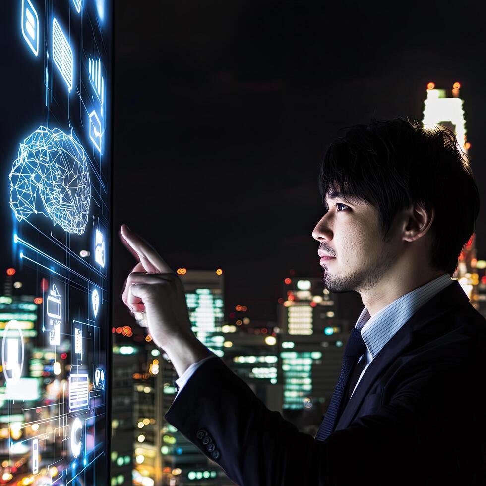 Businessman Interacting with Futuristic Interface Against Cityscape, Demonstrating Artificial Intelligence, Data Management, and Technology Integration. photo