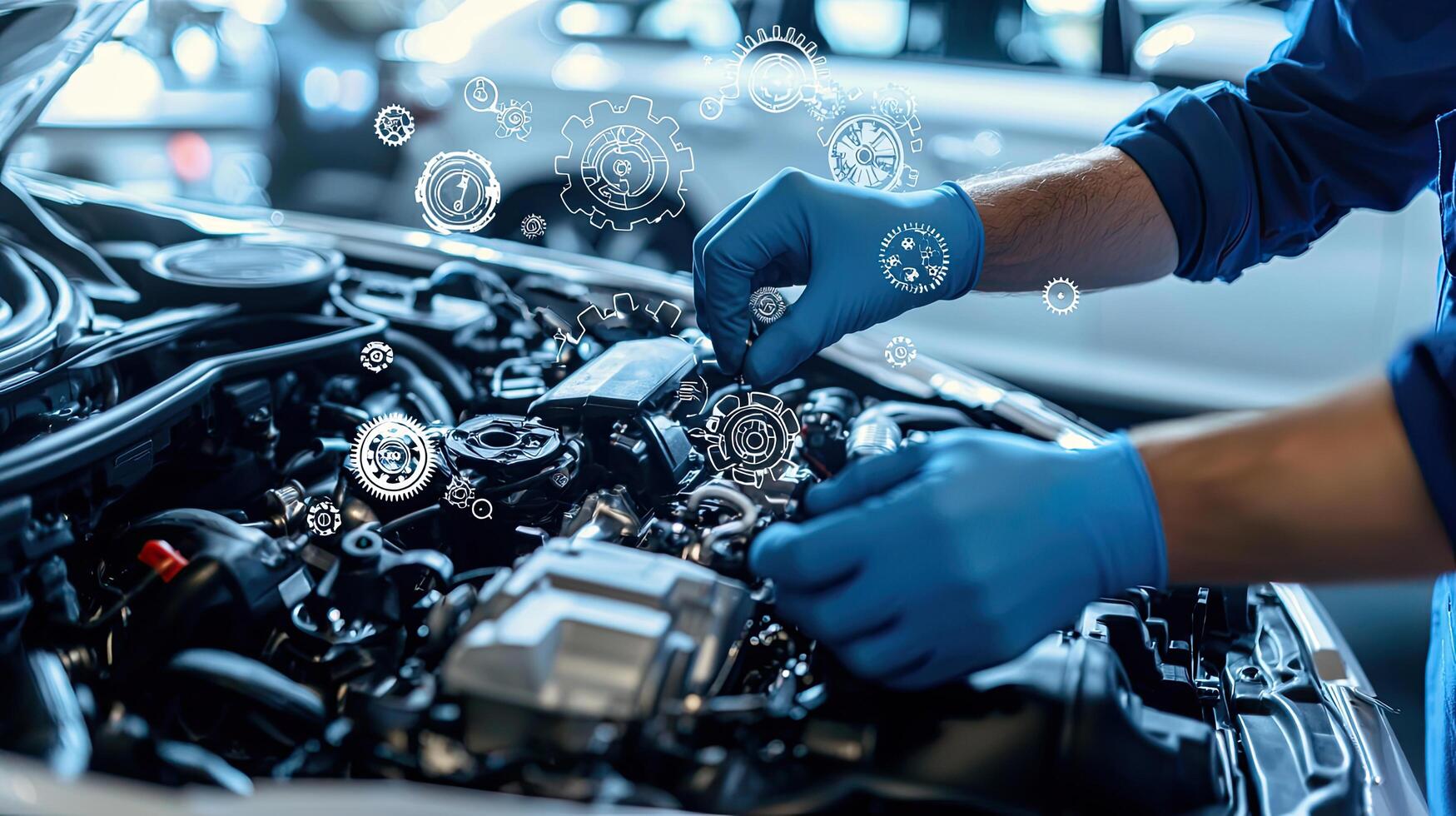 Car Mechanic Fixing Engine with Gears Overlay, Automotive Maintenance and Repair, Expert Technician Service, Modern Technology Integration. photo