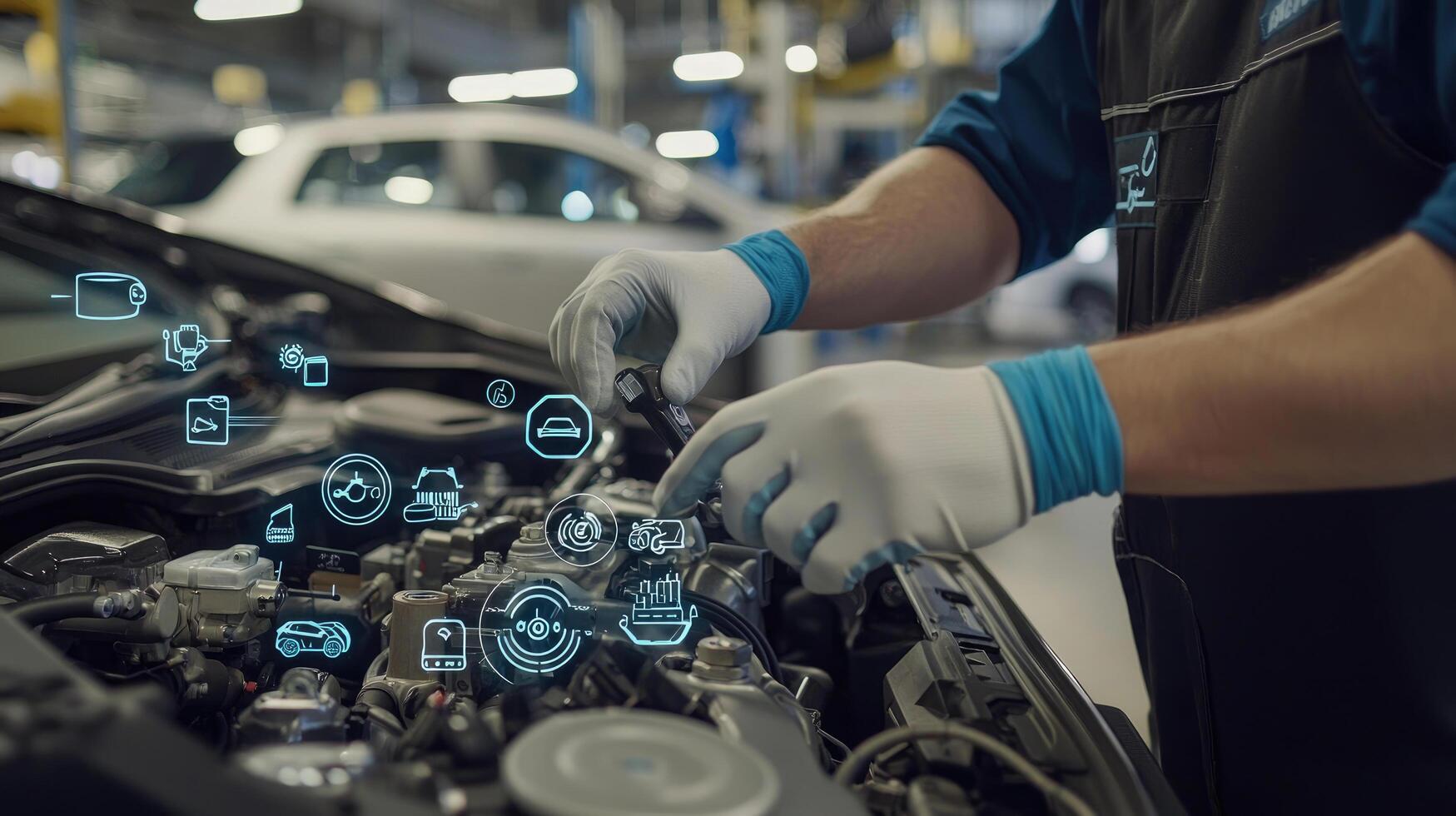 Car Mechanic Using Augmented Reality For Vehicle Diagnostics and Repair in an Auto Repair Shop photo