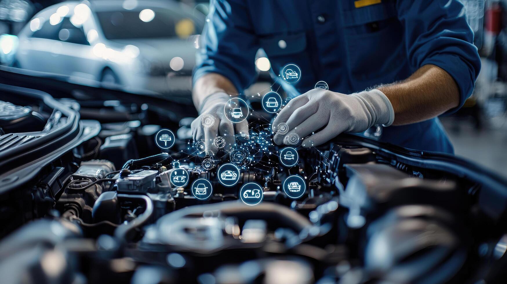 Car Mechanic Digital Diagnostics Auto Repair Technician Analyzing Engine Data with Modern Technology Icons photo
