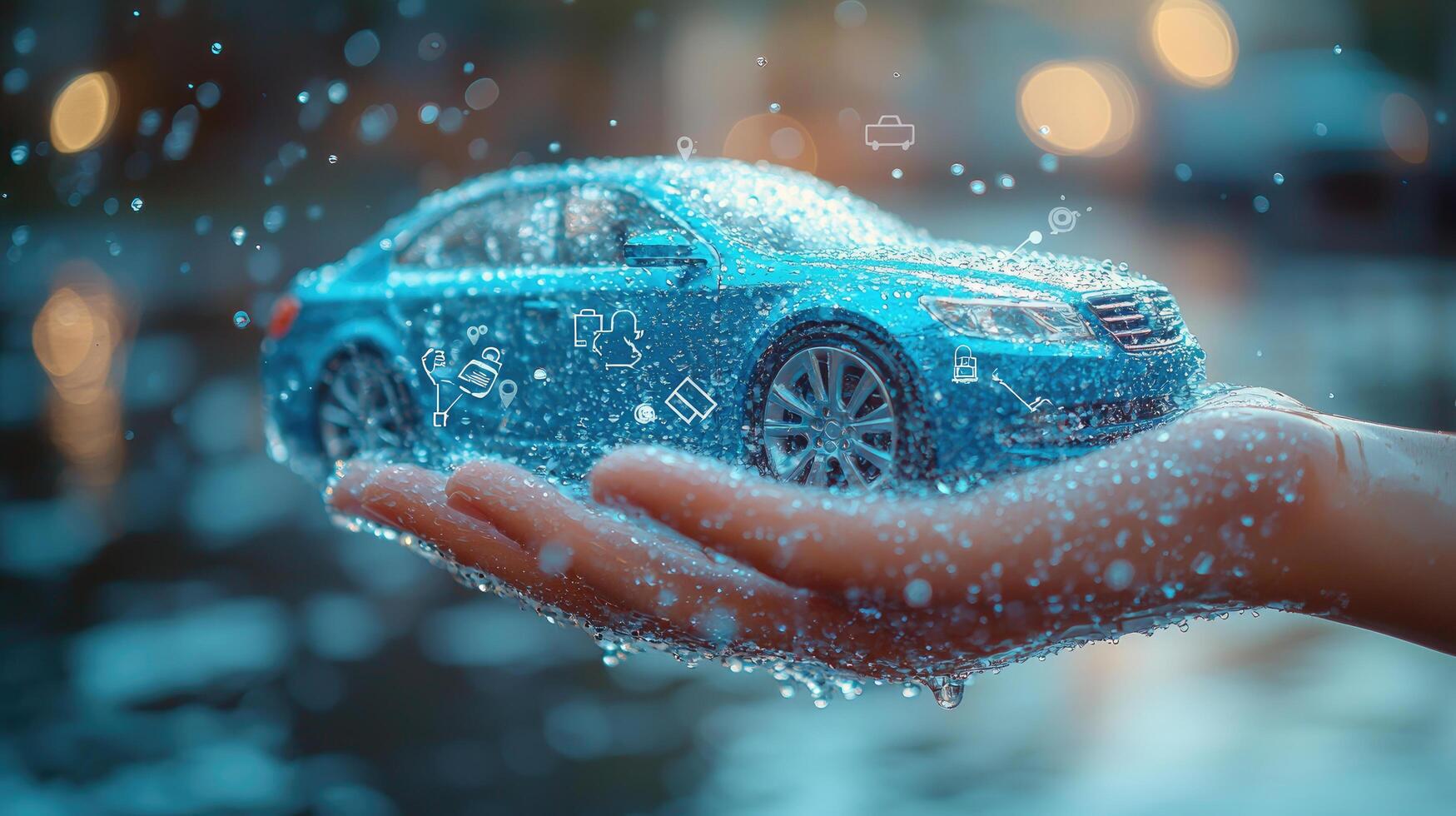 Car Ownership Dreams Modern Blue Sedan in Hand, Symbolizing Insurance, Finance, and Vehicle Technology photo