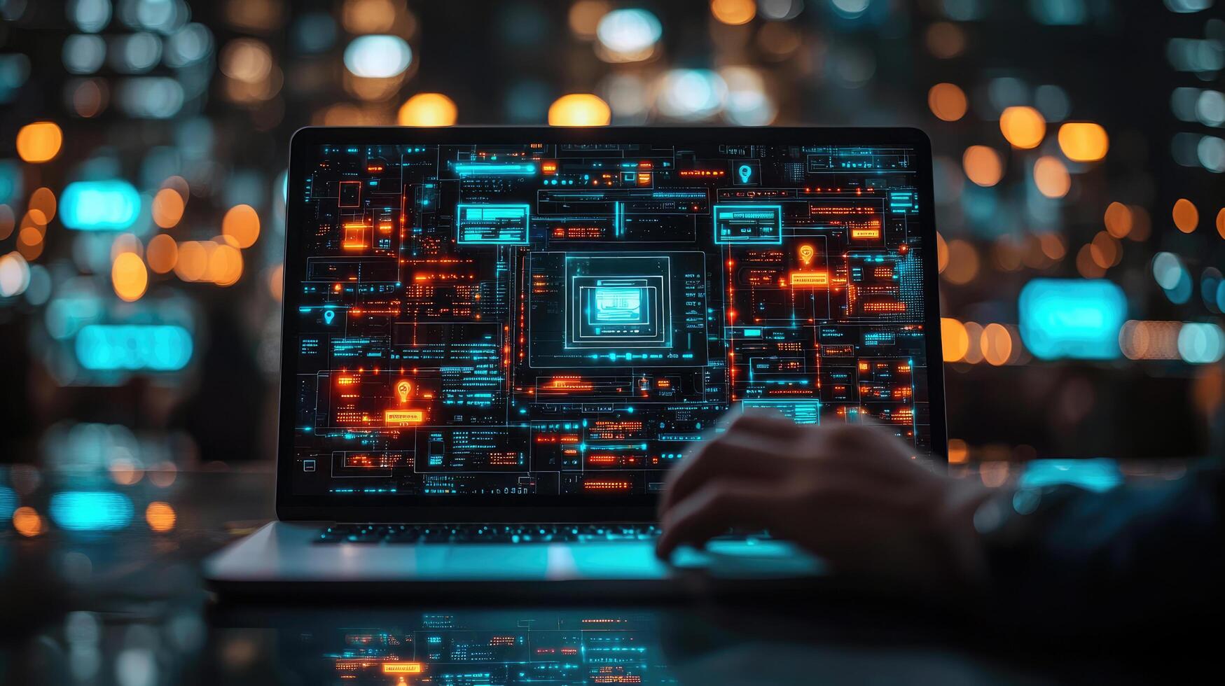 Coding on Laptop with Glowing Data Interface Against Bokeh Background for Tech and Security Concepts. photo