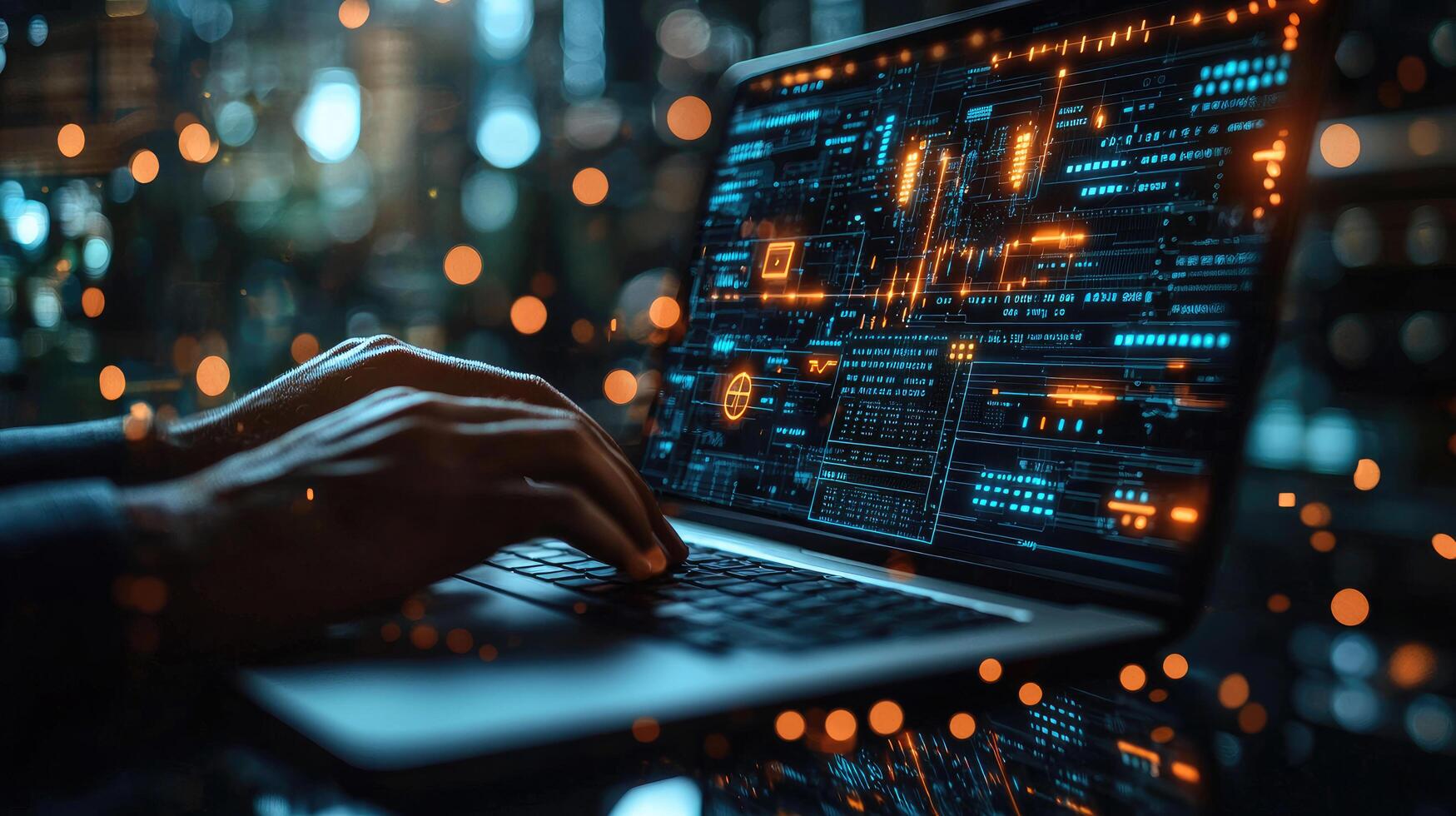 Coding On Laptop With Futuristic Interface, Cyber Security, Data Analysis, Software Development And Digital Transformation photo