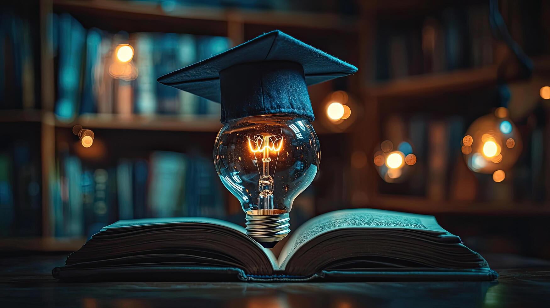 Concept of Education and Wisdom A Light Bulb with Graduation Cap on an Open Book photo