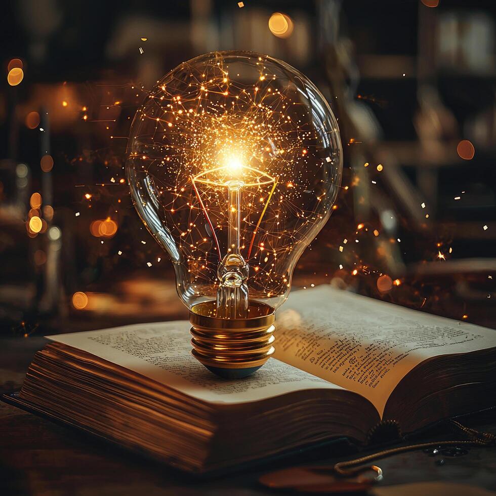 Concept of Knowledge and Inspiration A Glowing Light Bulb on an Antique Book. Idea Innovation, Learning, Education. photo