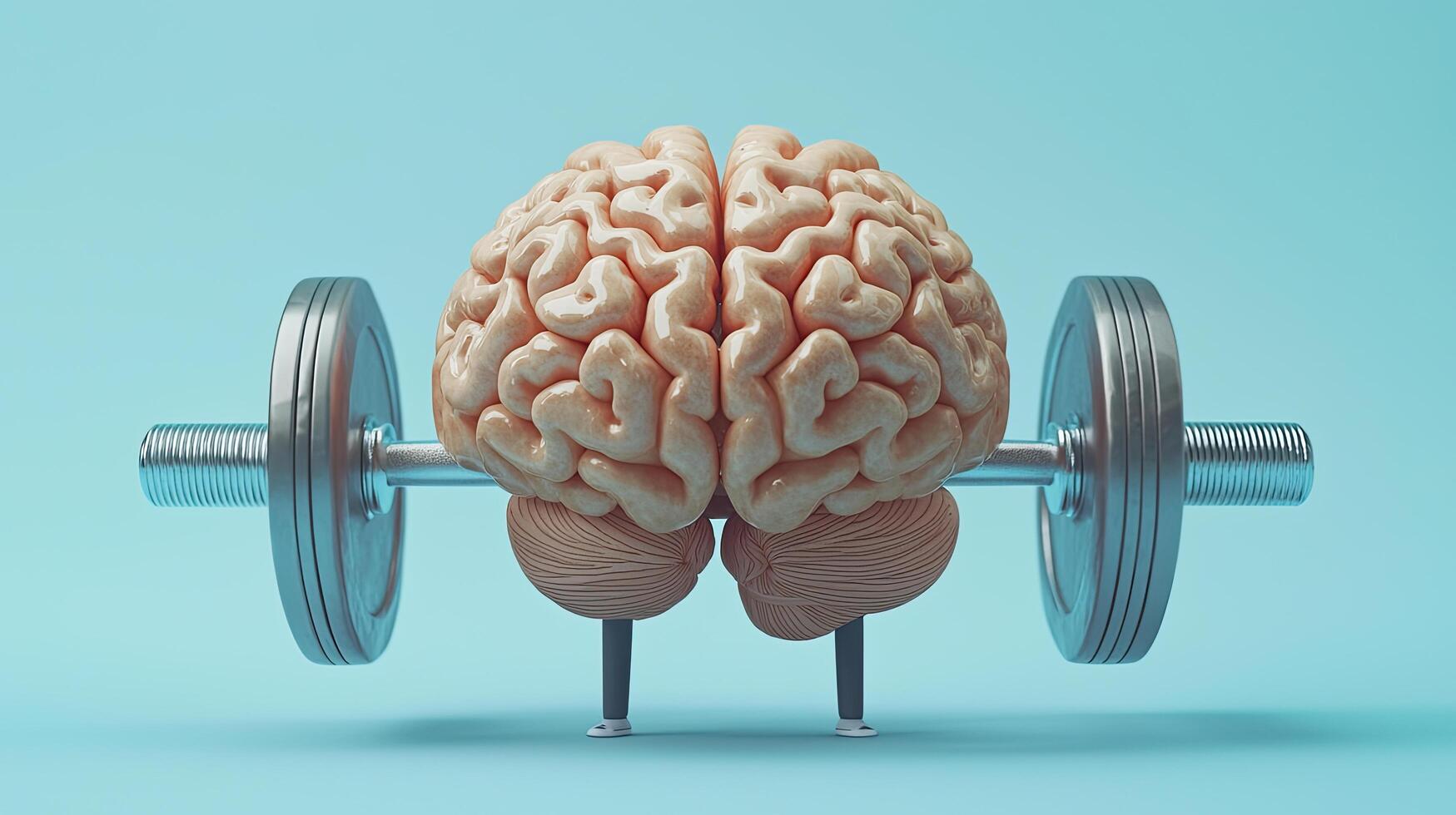 Conceptual 3D Rendering of a Brain Lifting Weights on a Light Blue Background Promoting Mental Fitness and Health photo