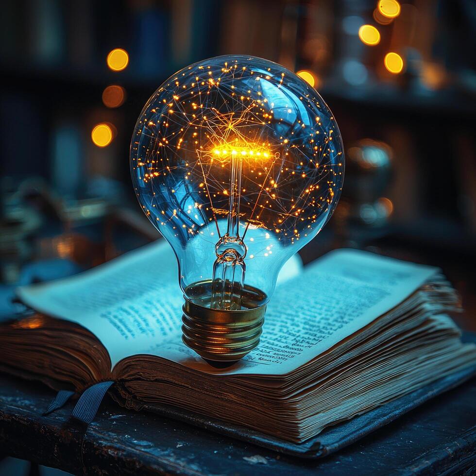 Concept of Knowledge Light Bulb on Open Book Symbolizing Education, Innovation, and Connection photo