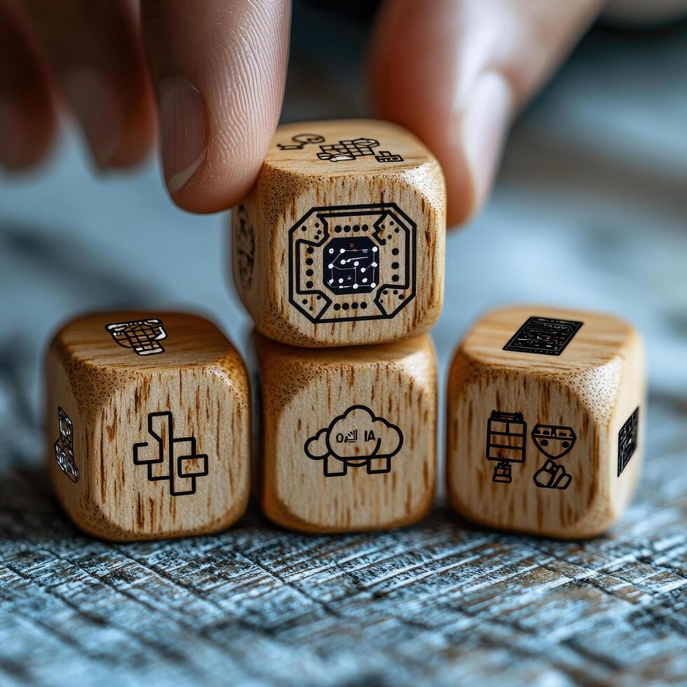 Conceptual Artificial Intelligence Wooden Dice Stacked with AI Icons showcasing Machine Learning, Robotics, and Cloud Computing. photo